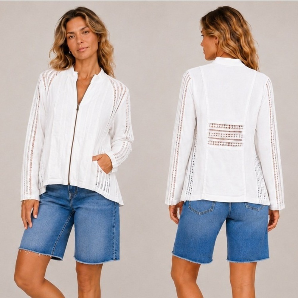 ZENERGY CHICOS Lace Trim Full Zip Jacket Cotton White Sz 3 XL